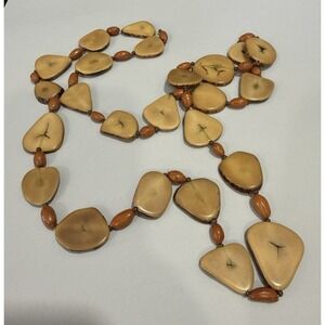 Tagua Nut Statement Necklace 36"Long Boho Organic Seed Bead Necklace